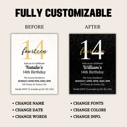 14th Birthday Invitation | Editable 14th Birthday Party Invite