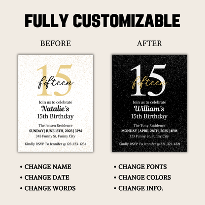 15th Birthday Invitation | Editable 15th Birthday Party Invite