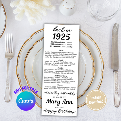 1925 Birthday Table Card | Editable 100th Birthday Place Card