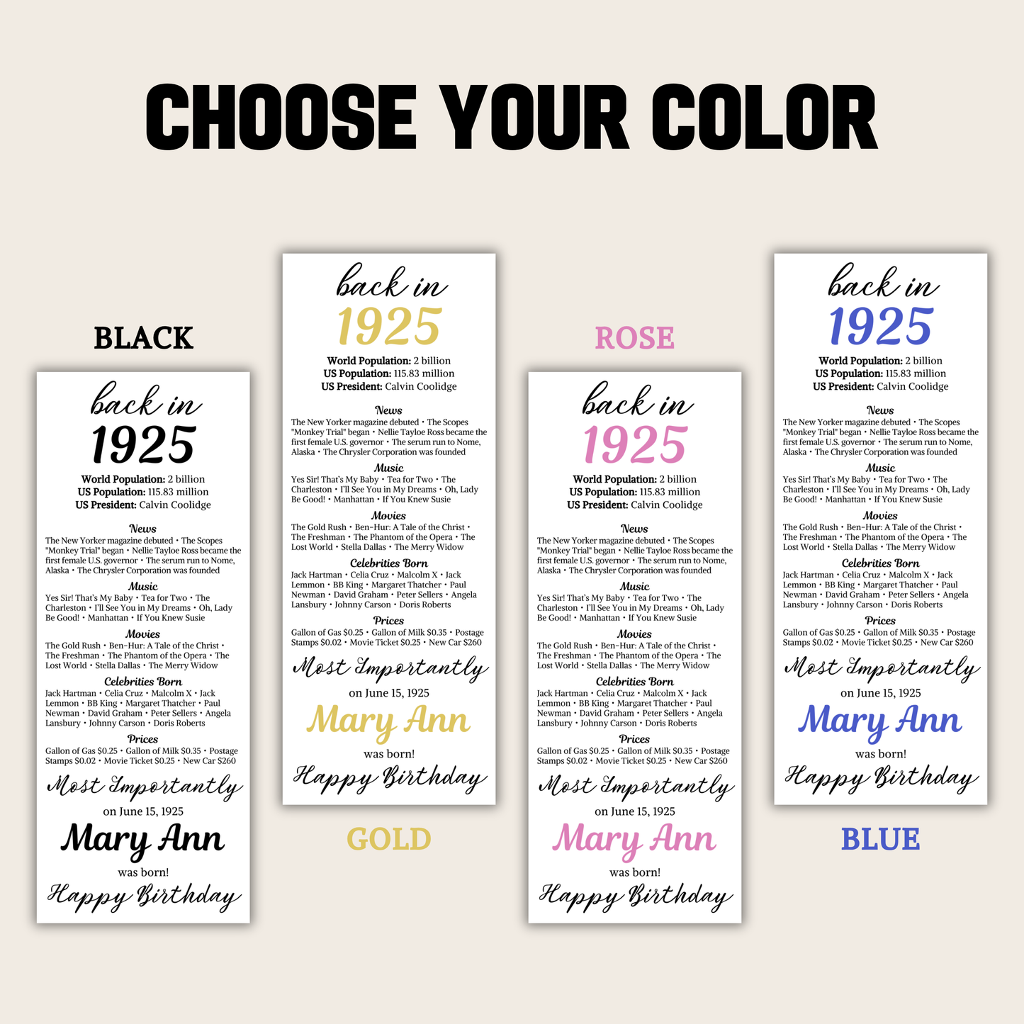 1925 Birthday Table Card | Editable 100th Birthday Place Card