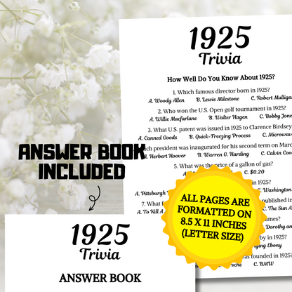 1925 Trivia Game | Printable 100th Birthday Party Game