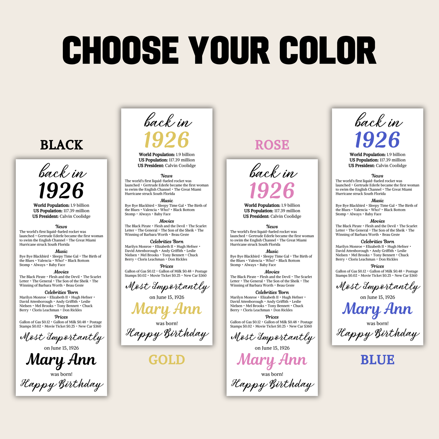 1926 Birthday Table Card | Editable 100th Birthday Place Card