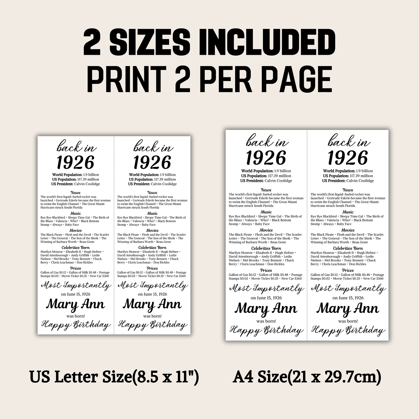 1926 Birthday Table Card | Editable 100th Birthday Place Card