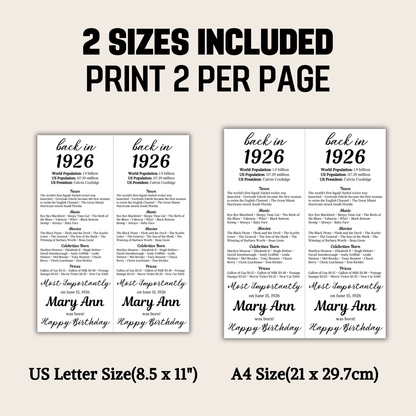 1926 Birthday Table Card | Editable 100th Birthday Place Card