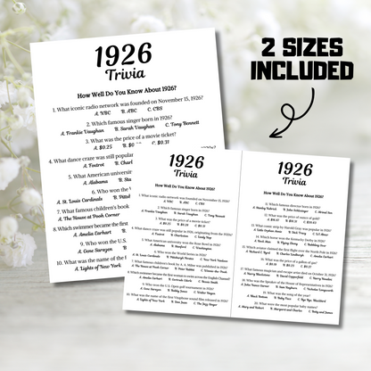 1926 Trivia Game | Printable 99th Birthday Party Game