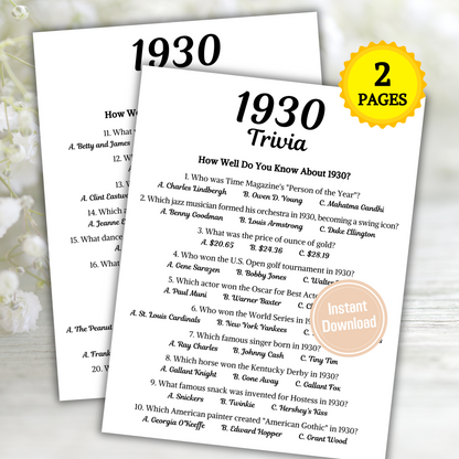 1930 Trivia Game | Printable 95th Birthday Party Game