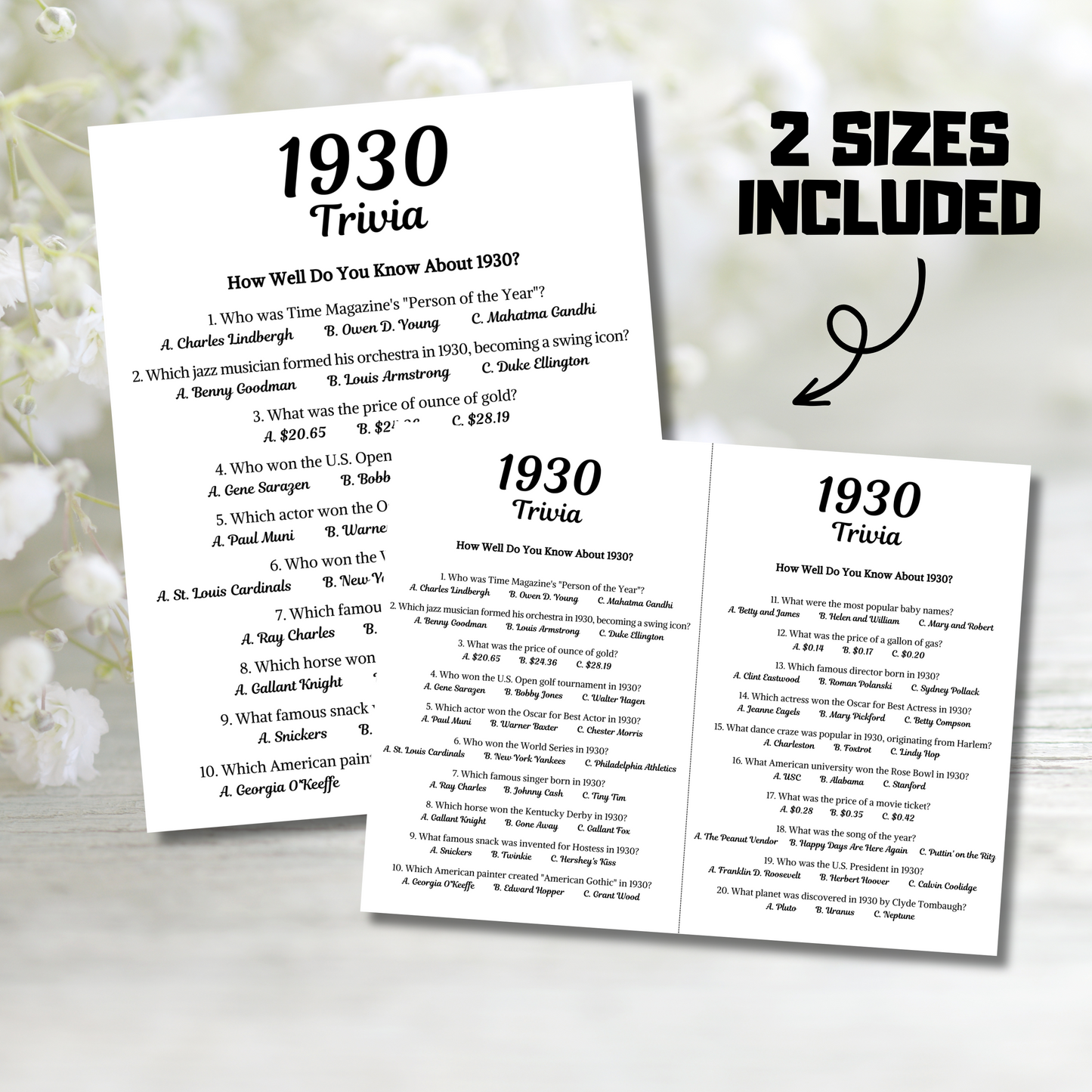 1930 Trivia Game | Printable 95th Birthday Party Game