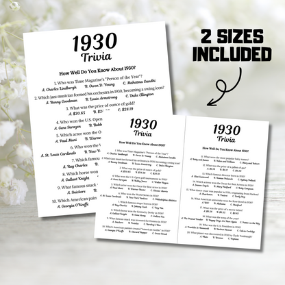 1930 Trivia Game | Printable 95th Birthday Party Game