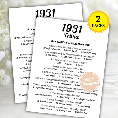 1931 Trivia Game | Printable 94th Birthday Party Game