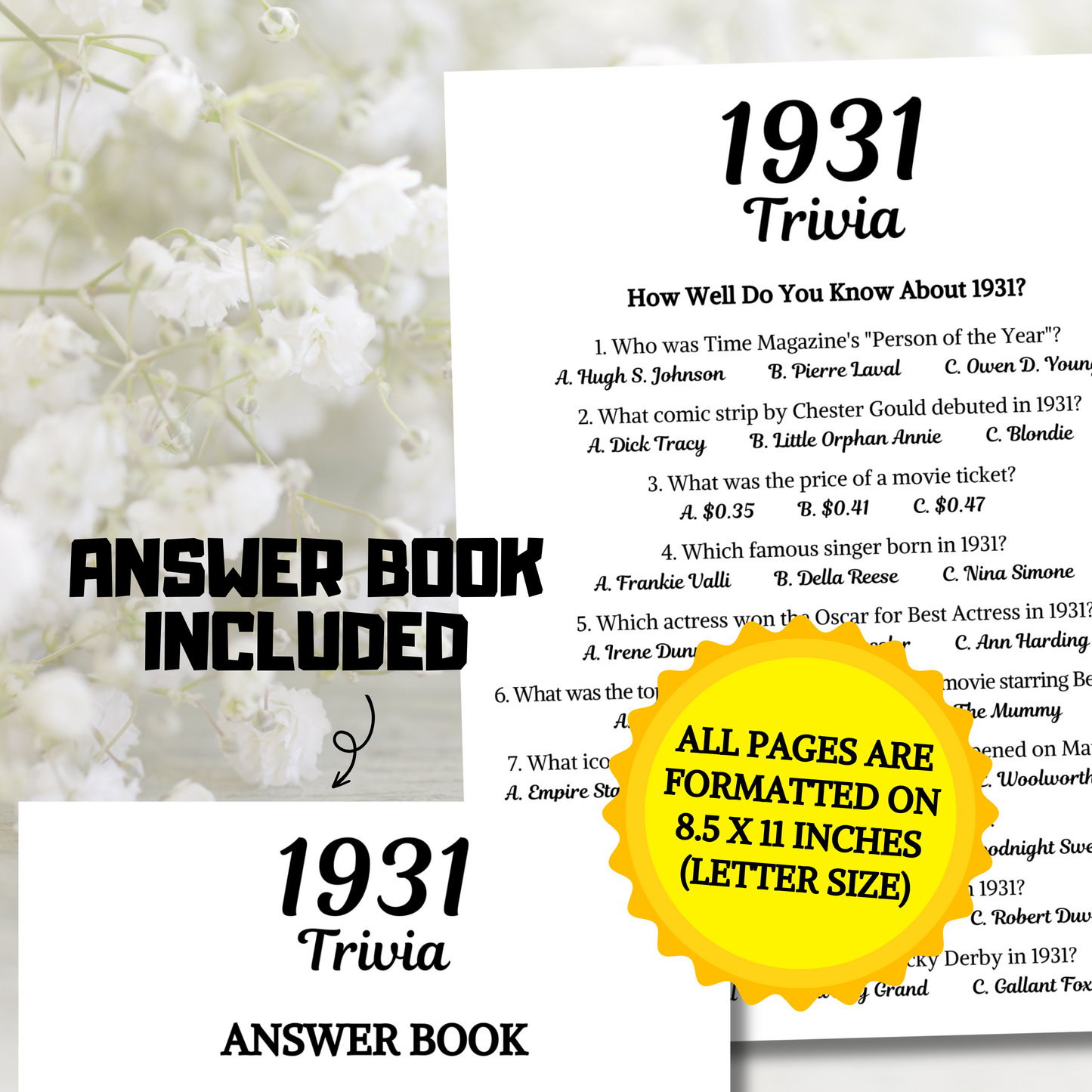1931 Trivia Game | Printable 94th Birthday Party Game