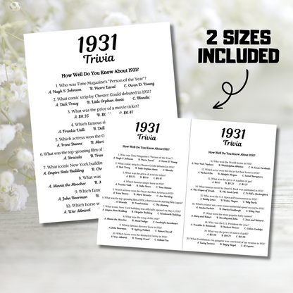 1931 Trivia Game | Printable 94th Birthday Party Game