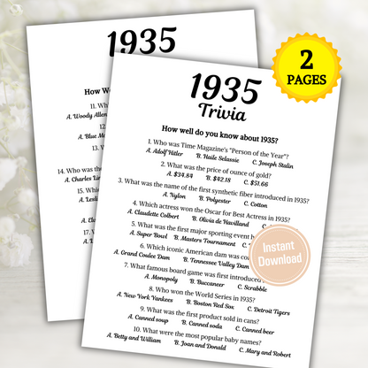 1935 Trivia Game | Printable 90th Birthday Party Game