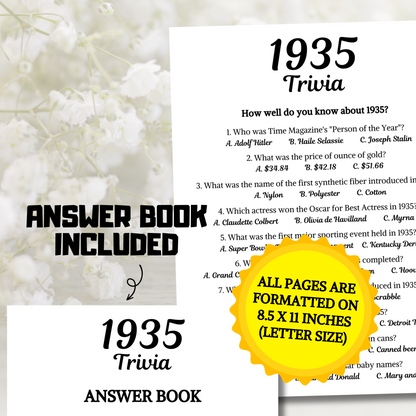 1935 Trivia Game | Printable 90th Birthday Party Game