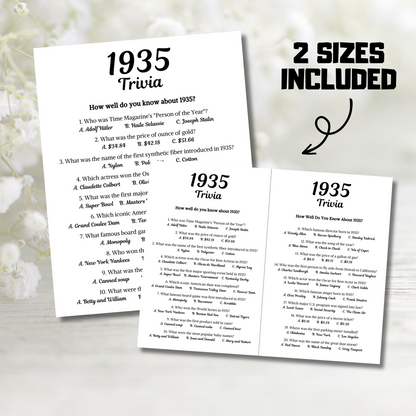 1935 Trivia Game | Printable 90th Birthday Party Game