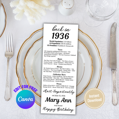 1936 Birthday Table Card | Editable 90th Birthday Place Card