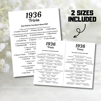 1936 Trivia Game | Printable 89th Birthday Party Game