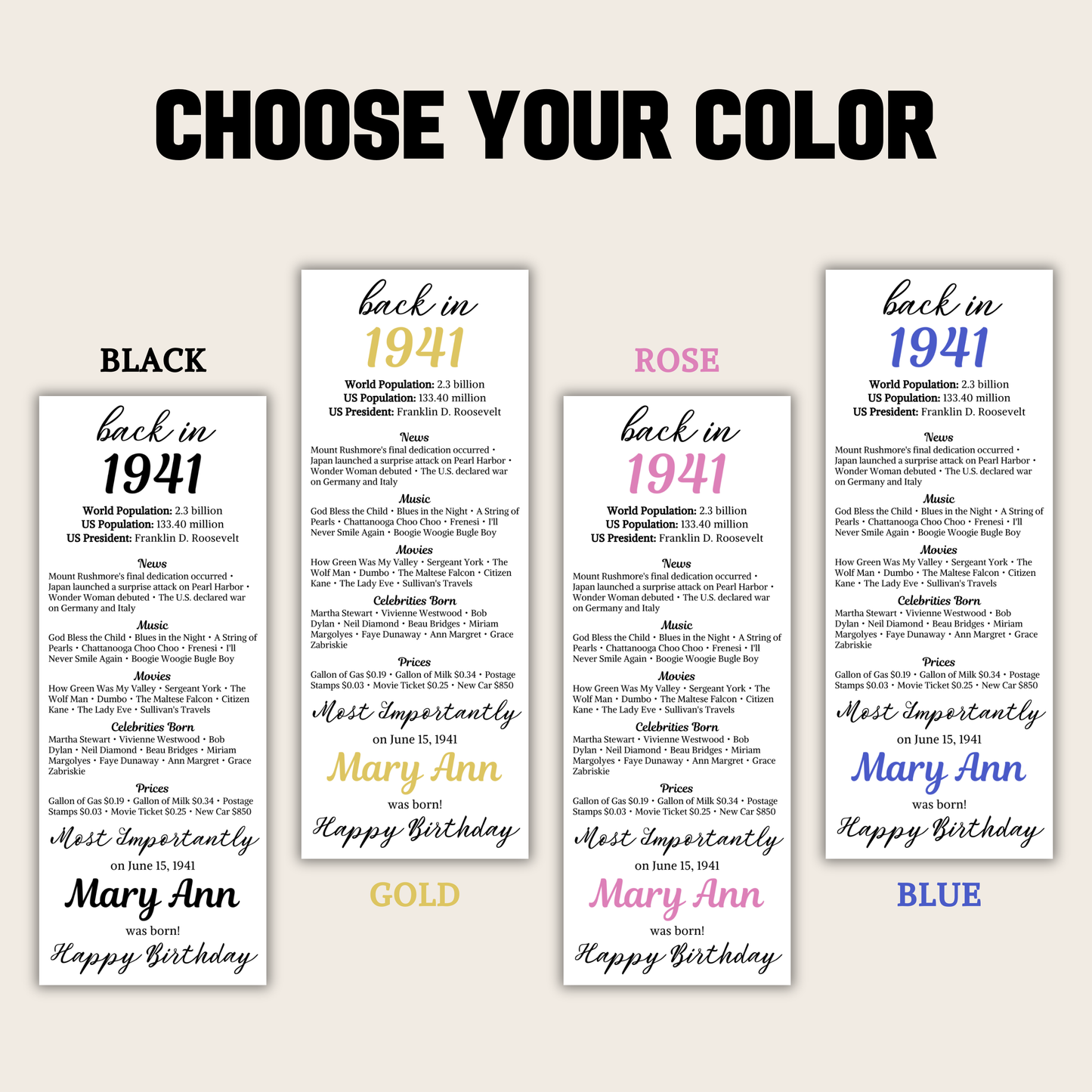 1941 Birthday Table Card | Editable 85th Birthday Place Card