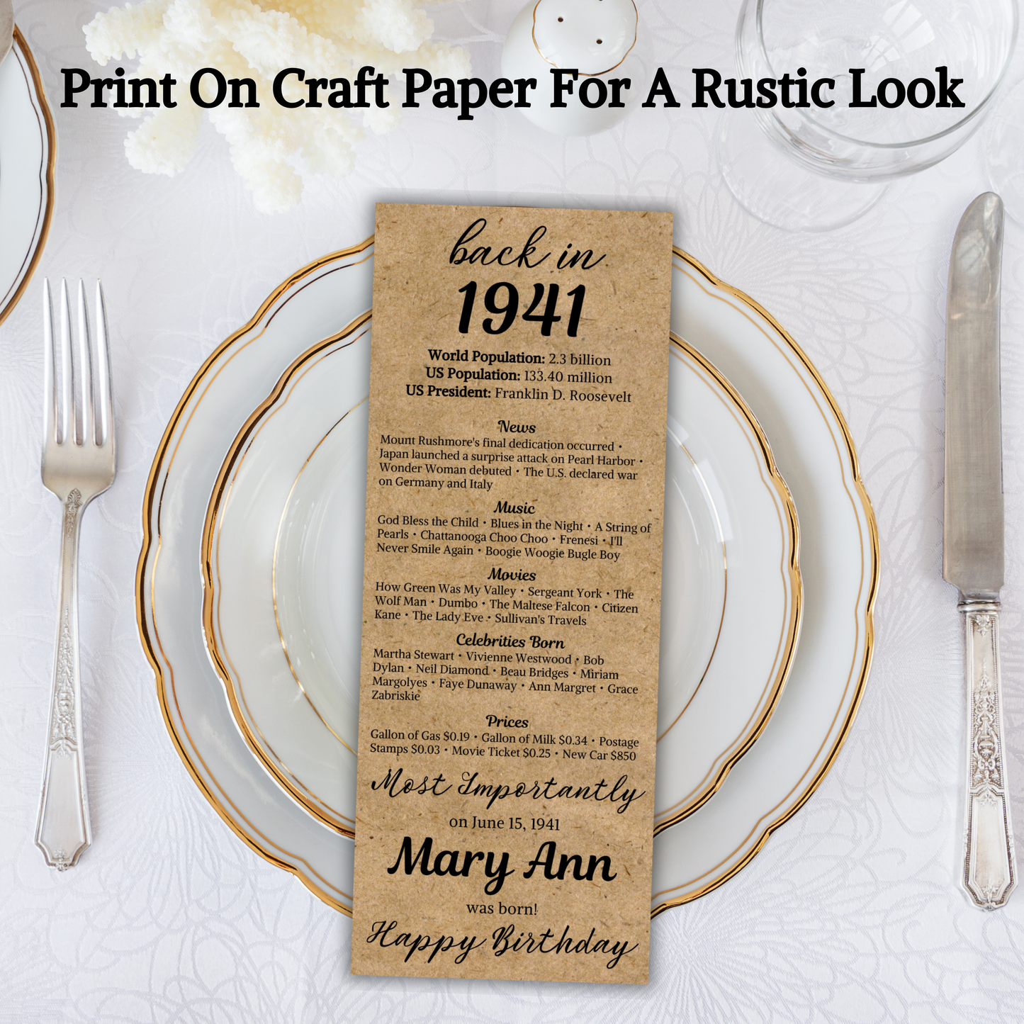 1941 Birthday Table Card | Editable 85th Birthday Place Card