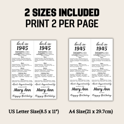 1945 Birthday Table Cards | Editable 80th Birthday Place Cards