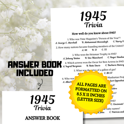 1945 Trivia Game | Printable 80th Birthday Party Game