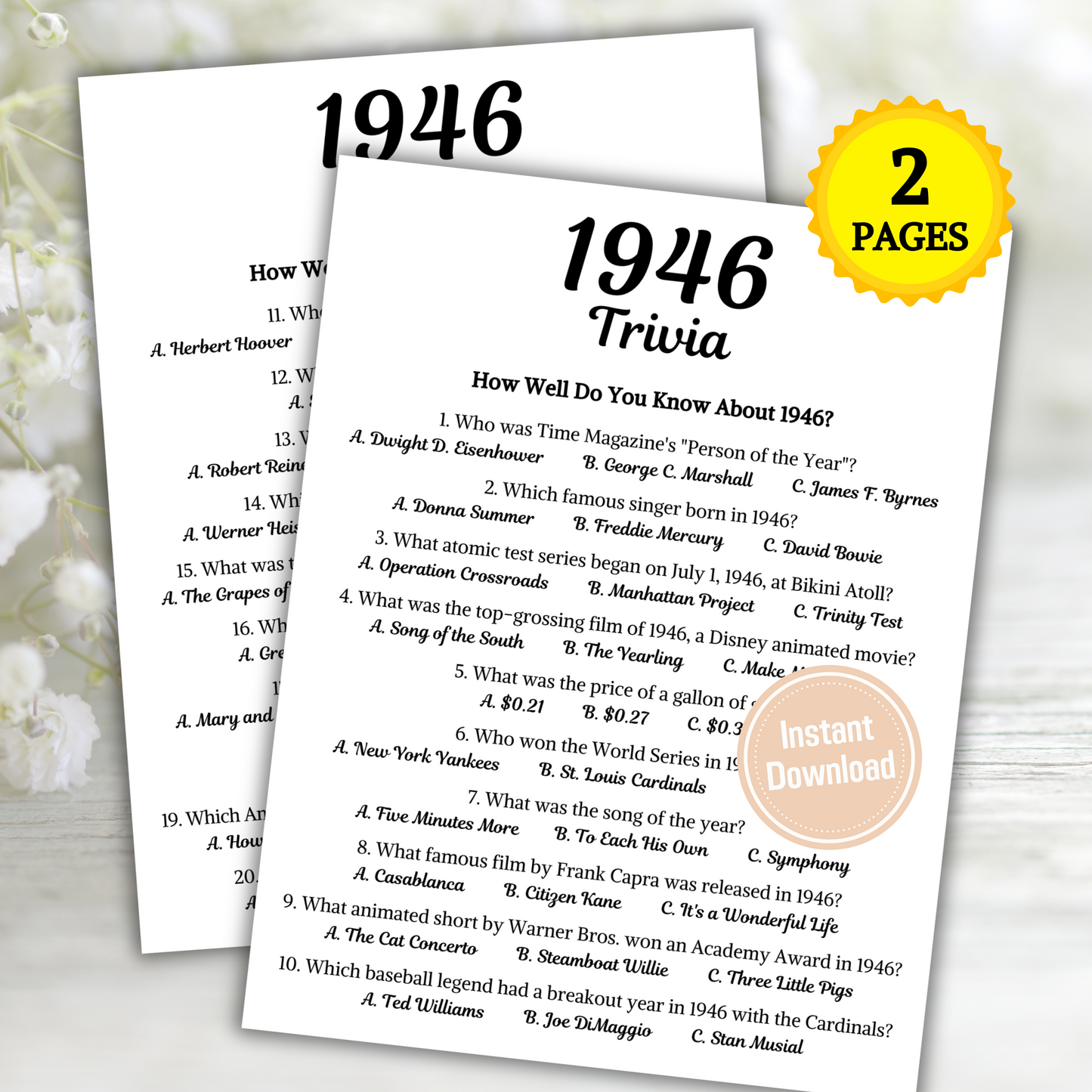 1946 Trivia Game | Printable 79th Birthday Party Game