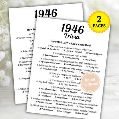 1946 Trivia Game | Printable 79th Birthday Party Game