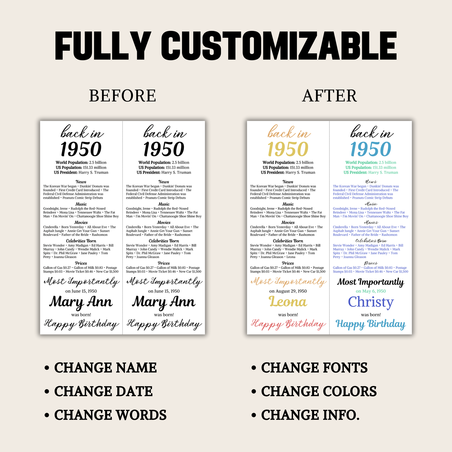 1950 Birthday Table Cards | Editable 75th Birthday Place Cards