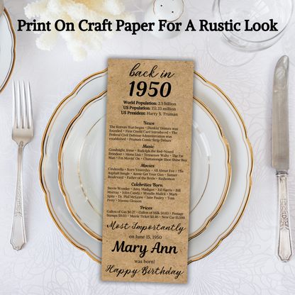 1950 Birthday Table Cards | Editable 75th Birthday Place Cards