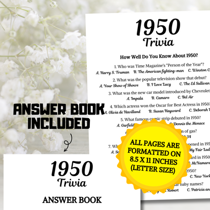 1950 Trivia Game | Printable 75th Birthday Party Game
