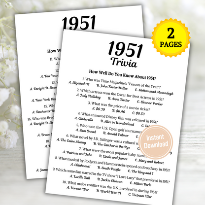 1951 Trivia Game | Printable 74th Birthday Party Game