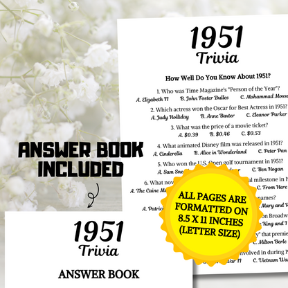 1951 Trivia Game | Printable 74th Birthday Party Game