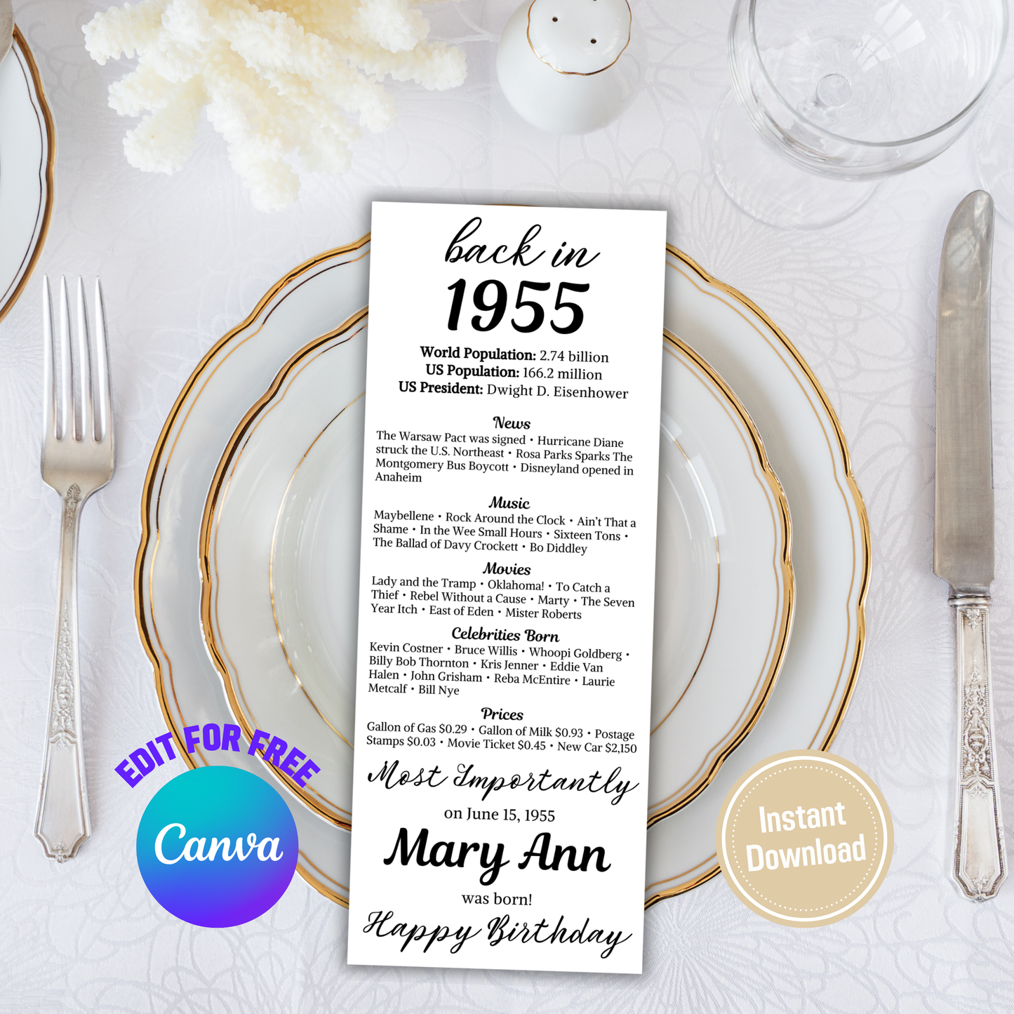 1955 Birthday Table Cards | Editable 70th Birthday Place Cards