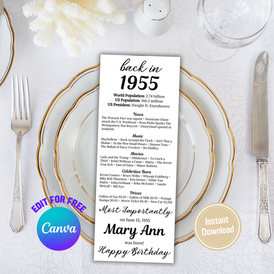 1955 Birthday Table Cards | Editable 70th Birthday Place Cards