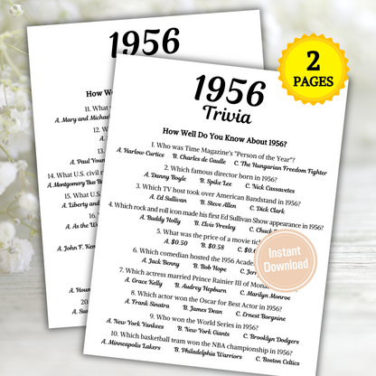 1956 Trivia Game | Printable 69th Birthday Party Game