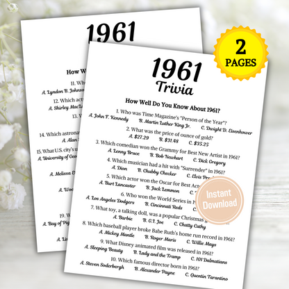 1961 Trivia Game | Printable 64th Birthday Party Game