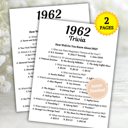 1962 Trivia Game | Printable 64th Birthday Party Game