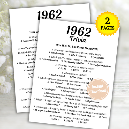 1962 Trivia Game | Printable 64th Birthday Party Game