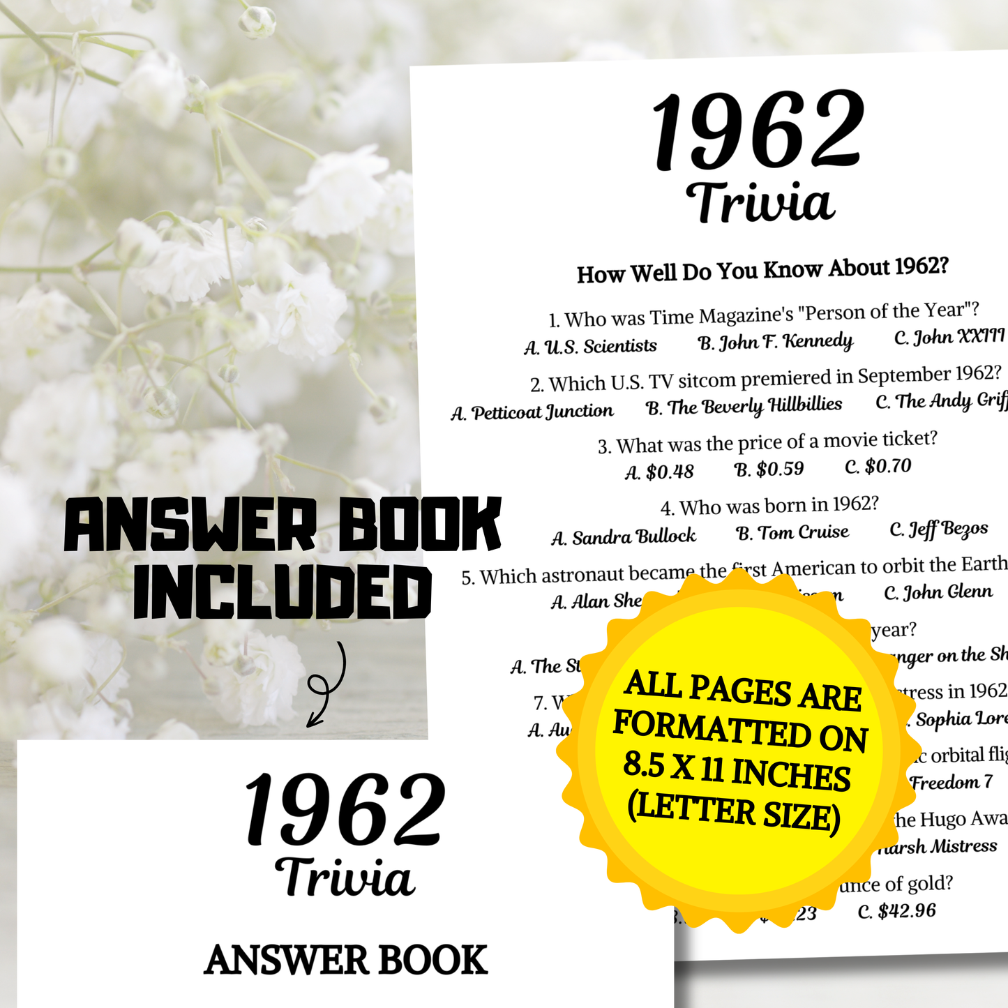 1962 Trivia Game | Printable 64th Birthday Party Game