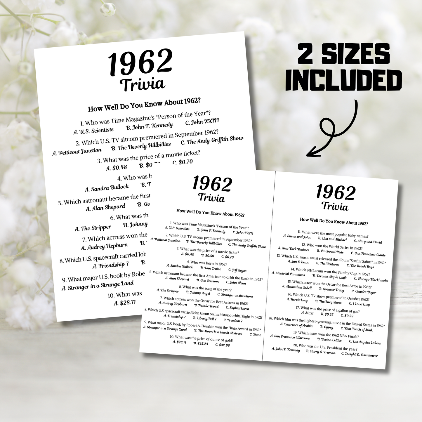 1962 Trivia Game | Printable 64th Birthday Party Game