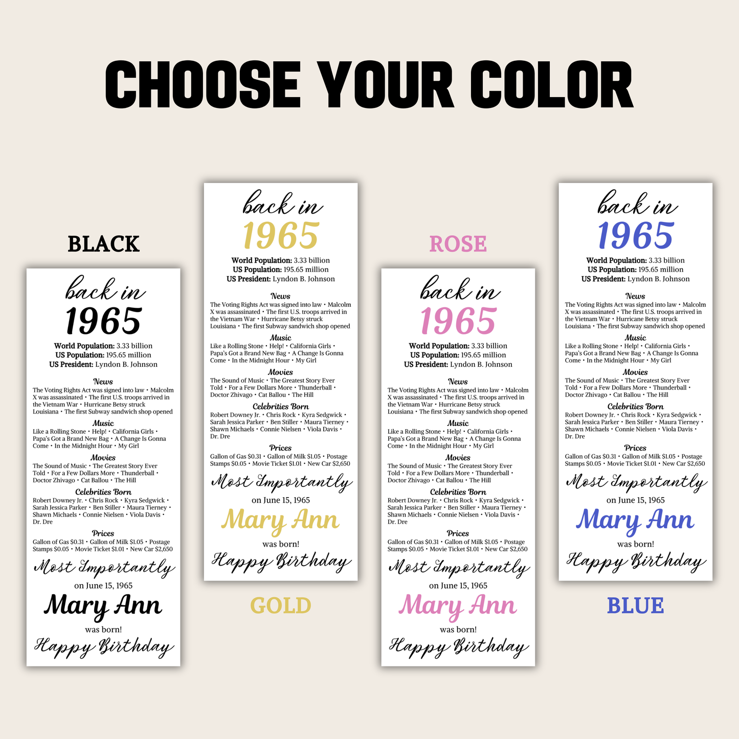 1965 Birthday Table Cards | Editable 60th Birthday Place Cards