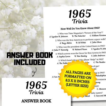 1965 Trivia Game | Printable 60th Birthday Party Game