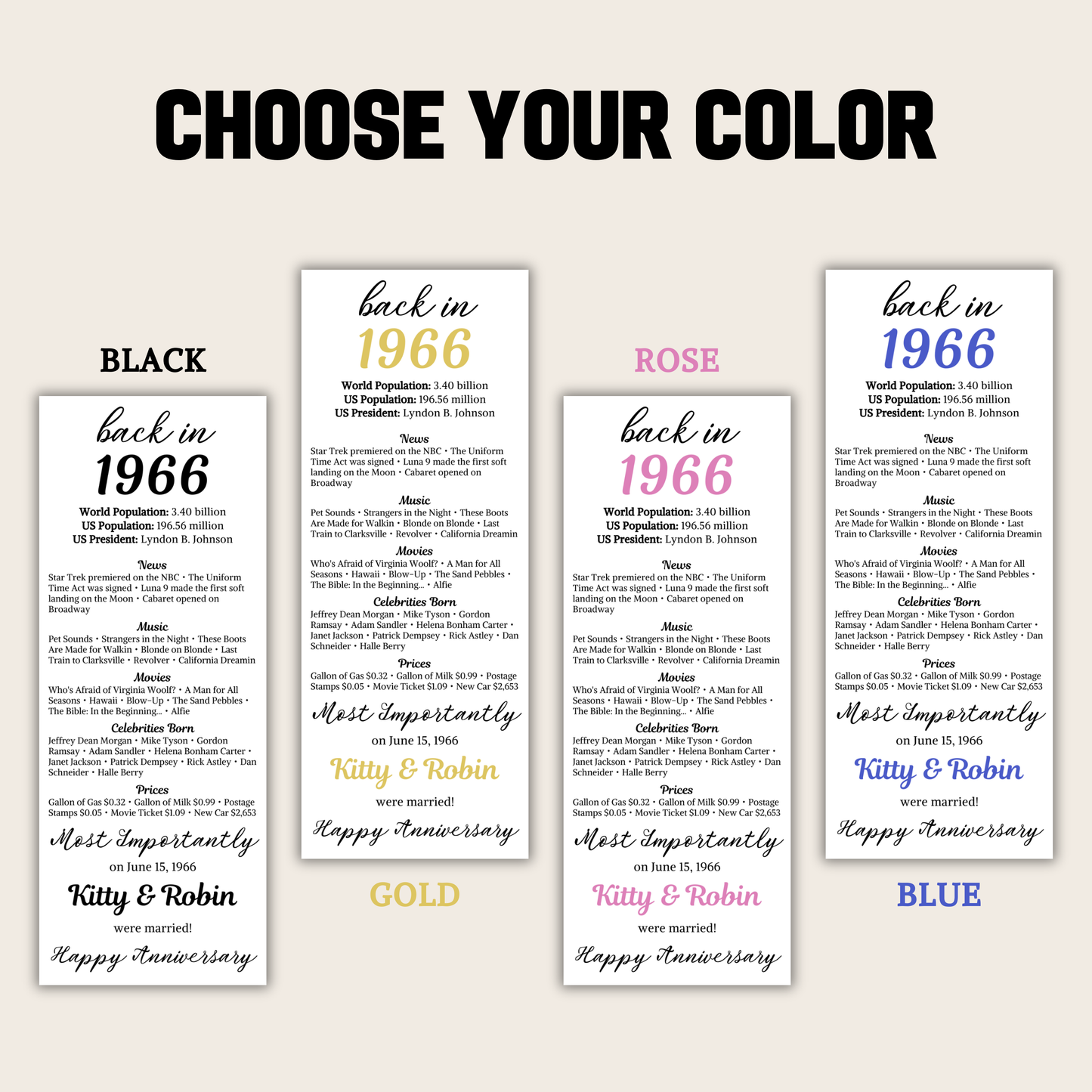 1966 Anniversary Table Cards | Editable 60th Anniversary Place Cards