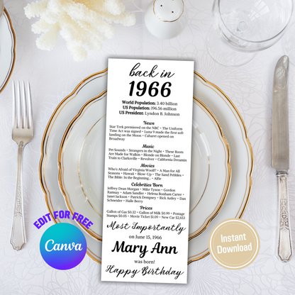 1966 Birthday Table Card | Editable 60th Birthday Place Card