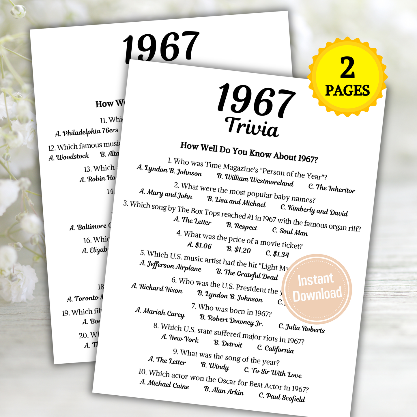 1967 Trivia Game | Printable 59th Birthday Party Game
