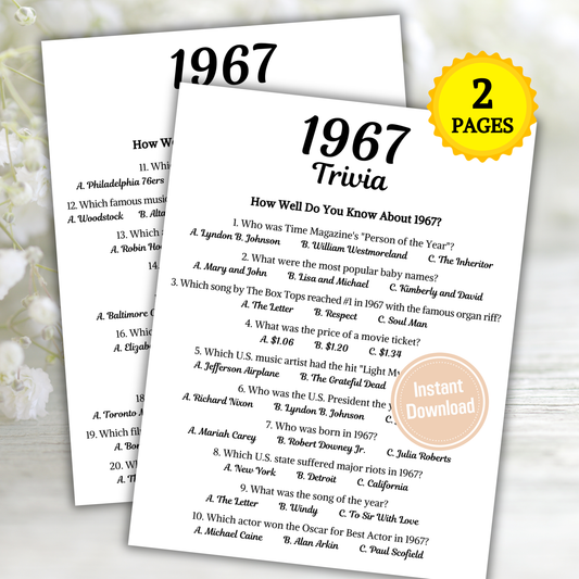 1967 Trivia Game | Printable 59th Birthday Party Game