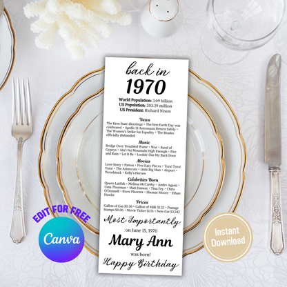 1970 Birthday Table Cards | Editable 55th Birthday Place Cards
