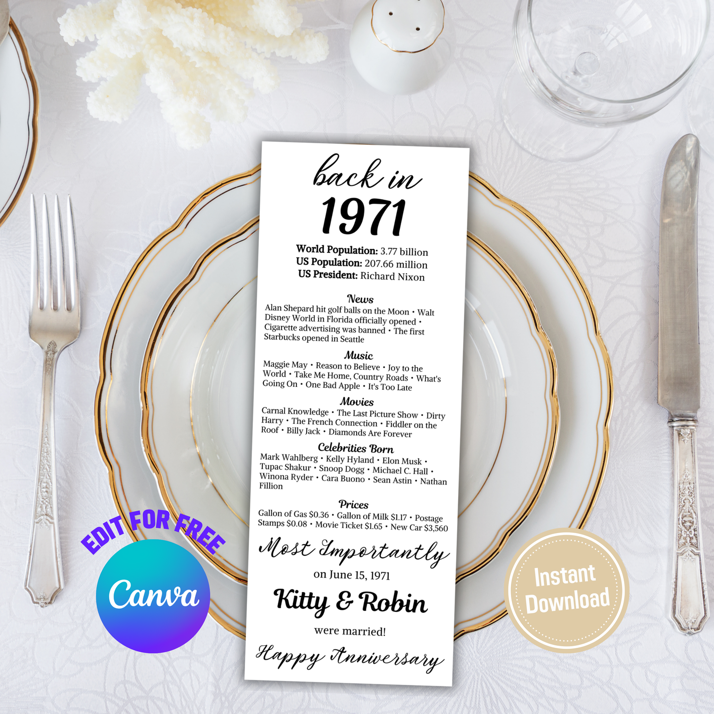 1971 Anniversary Table Cards | Editable 55th Anniversary Place Cards