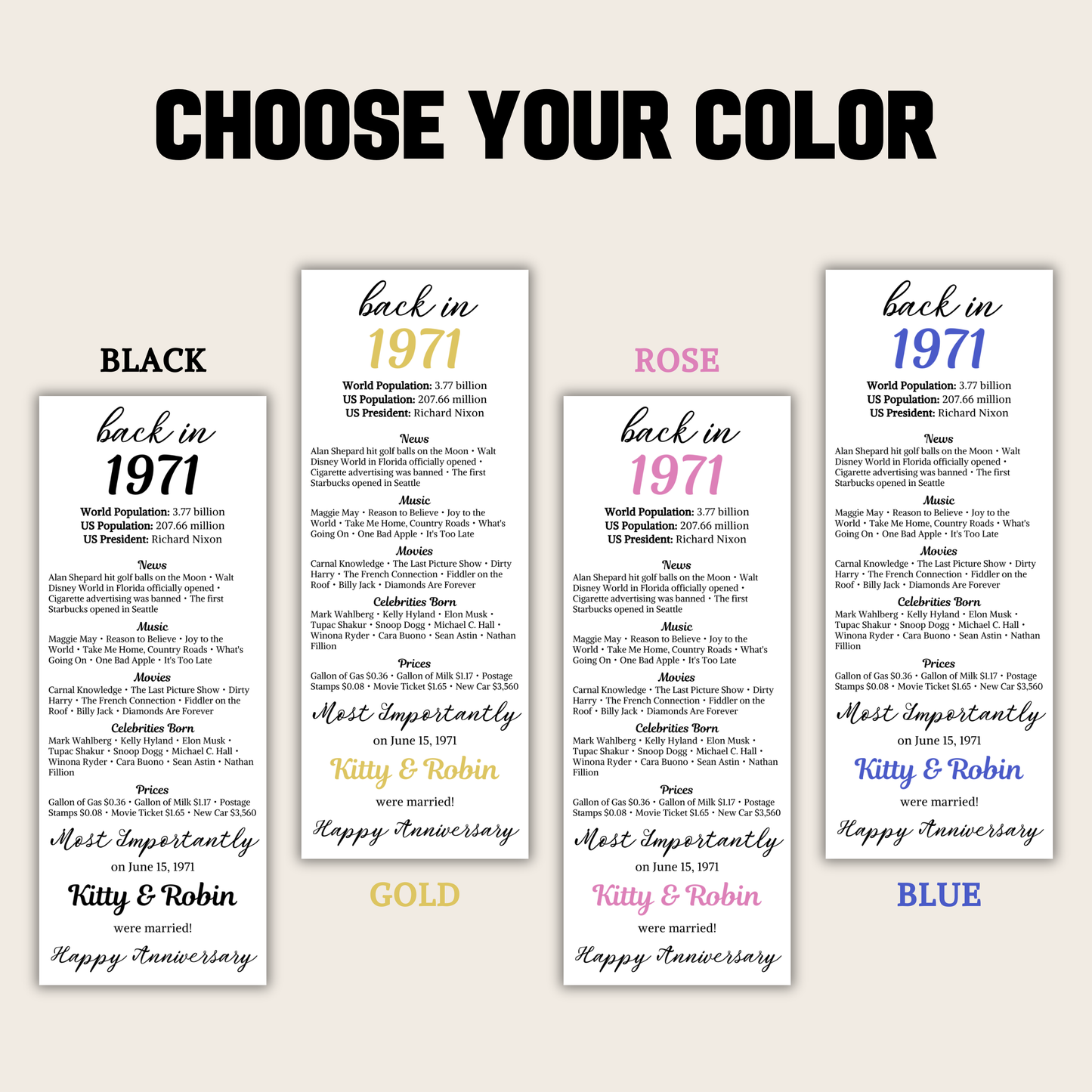 1971 Anniversary Table Cards | Editable 55th Anniversary Place Cards