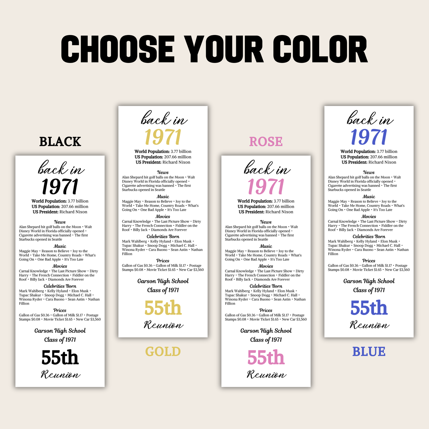 1971 Class Reunion Table Cards | Editable 55th Class Reunion Place Cards