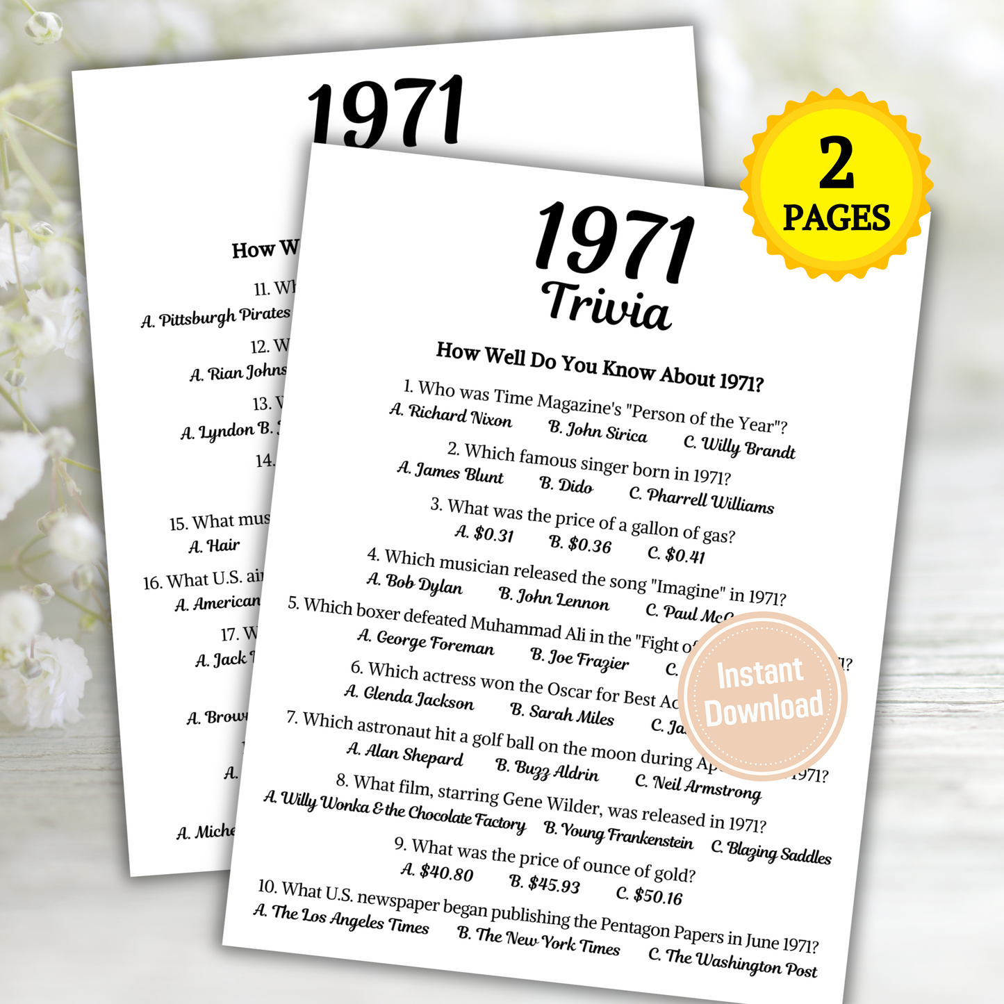1971 Trivia Game | Printable 54th Birthday Party Game